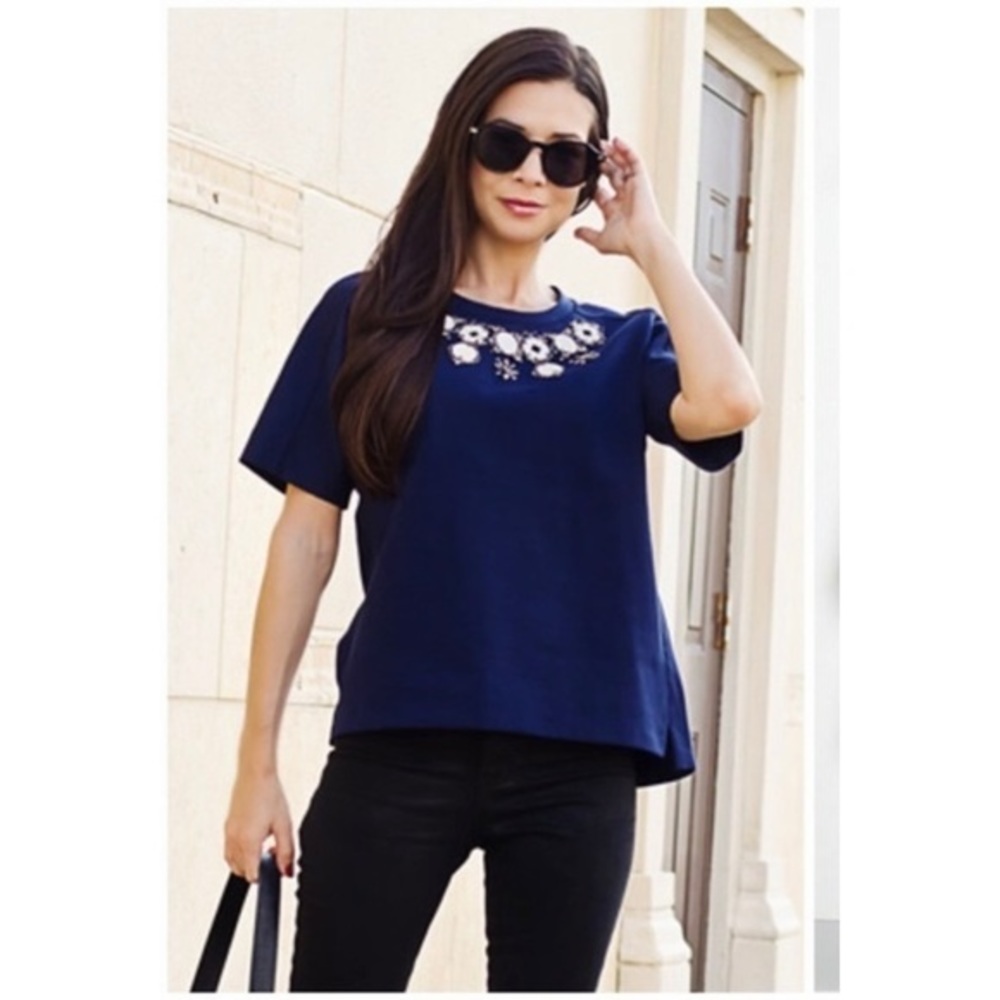 J.Crew blue embellished neckline top - Picture 1 of 10